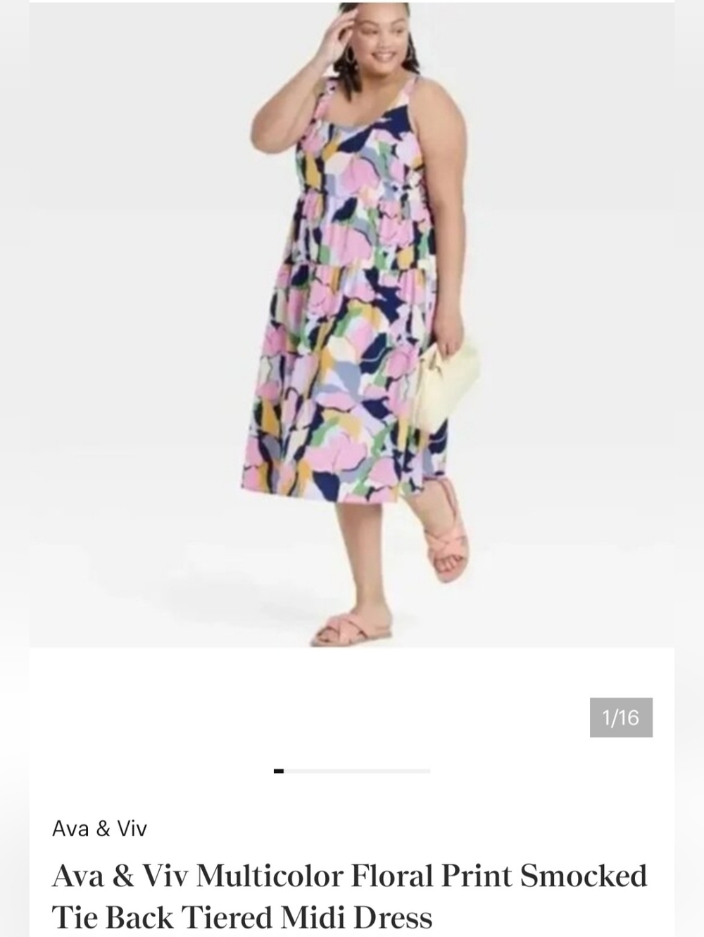 AVA & VIV MULTICOLOR FLORAL PRINT SMOCKED TIE- BACK TEIRED MIDI DRESS. SIZE 3X.